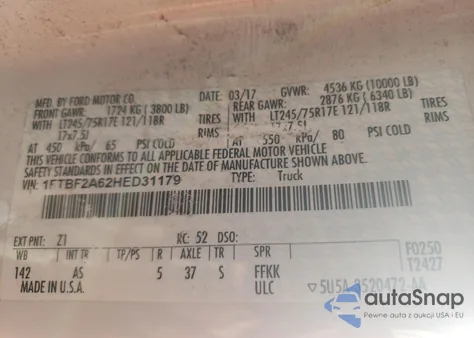 2017 Ford F250 Super Duty z USA, uszkodzony, nr VIN 1FTBF2A62HED31179